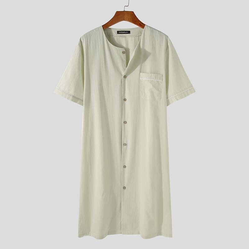 Summer Men Robes Solid Color Short Sleeve Button Up Comfortable Cotton Homewear Bathrobes Leisure Mens Nightgown S-5XL INCERUN: Light Green / XXL