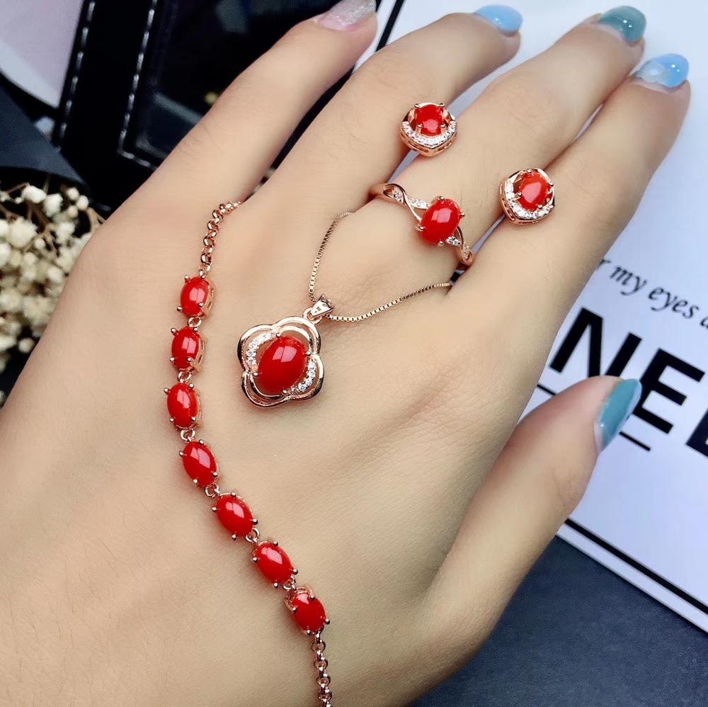 Kjjeaxcmy jóias finas coral vermelho natural 925 prata esterlina feminino colar pulseira anel brincos conjunto suporte teste popular