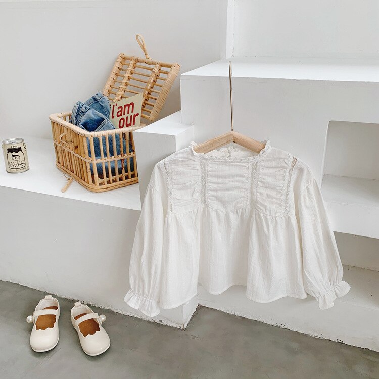 Autumn Girls Long Sleeve White Blouses Kids Cotton Blosues: 4T