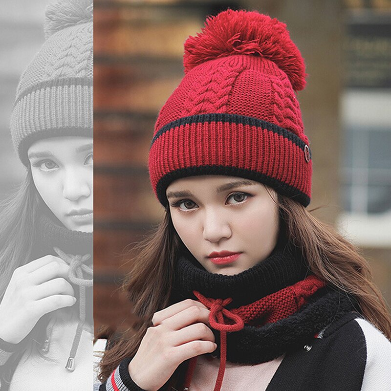 Efterår vinter kvinders hat kasketter strikket varmt tørklæde vindtæt multifunktionel hat tørklæde sæt tøj tilbehør dragt: Rød