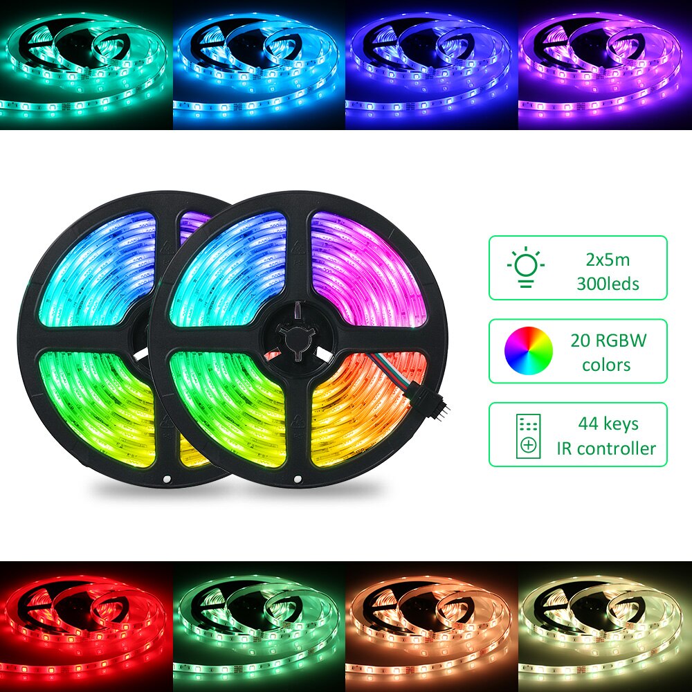 2x5m 300leds RGB Strip Lights Kit with 44 Keys IR Remote Controller Dimmable Color Rope Lights IP65 for Home Kitchen Christmas