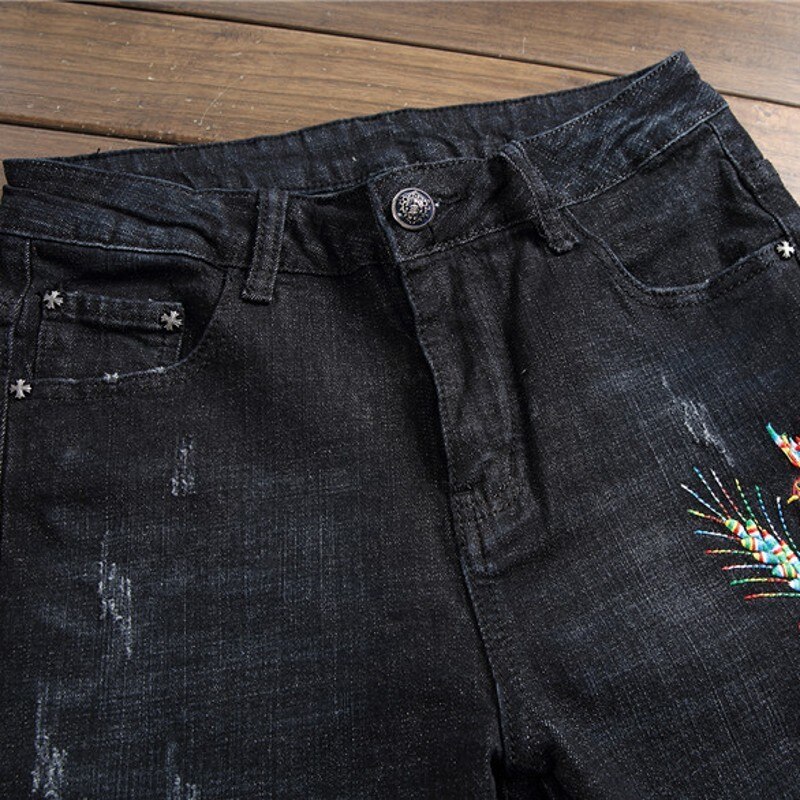 nouvelle noir broderie fleur maigre jean hommes Vintage déchiré fermeture éclair mendiant pantalon classique Denim Biker pantalon