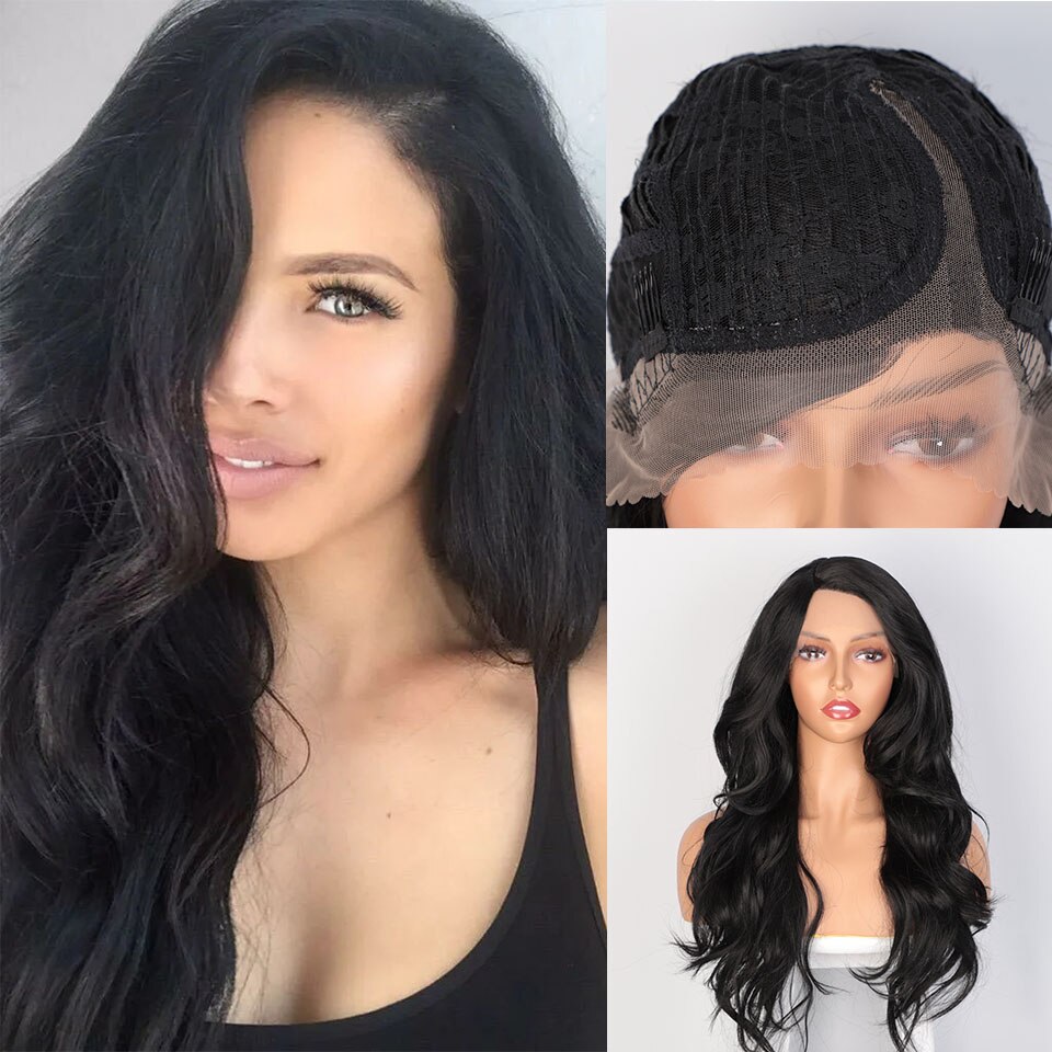 AISI BEAUTY Long Wavy Dark Red Wigs Synthetic Lace Front Wigs for Women Black Lace Wigs High Temperature Fiber Cosplay Hair: 1B