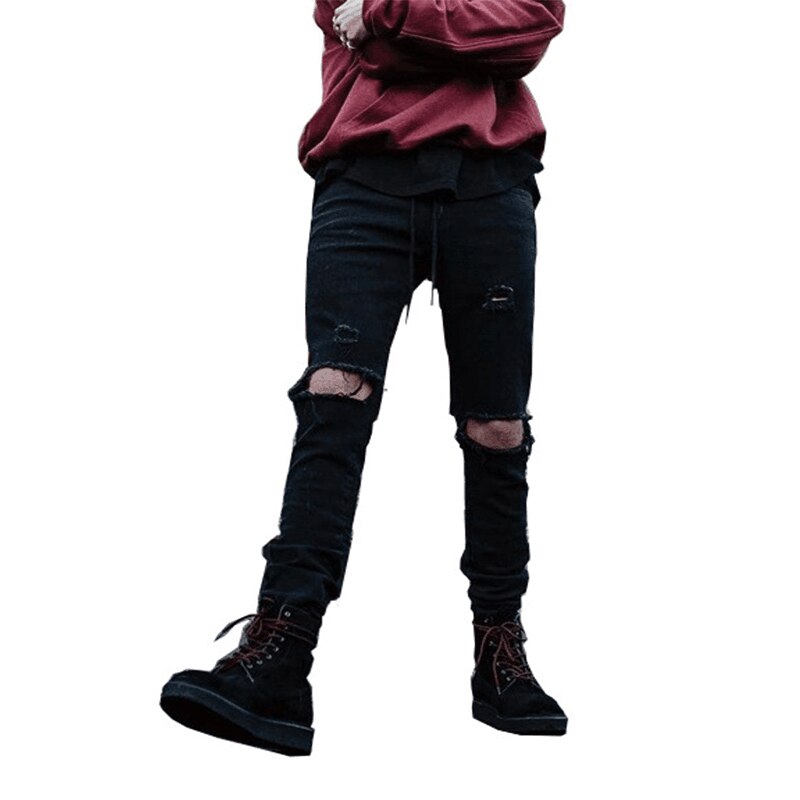 Spring Autumn Black Jeans Men Knee Ripped Hole Trendy Street Slim Stretch Skinny Male Denim Trousers Streetwear