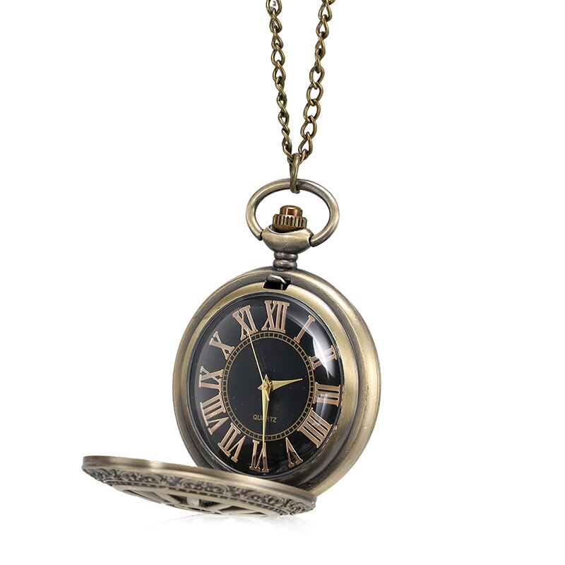 Bronze Quartz Pocket Watch Roman Numerals Dial Hollow Wheel Case with Chain TT@88