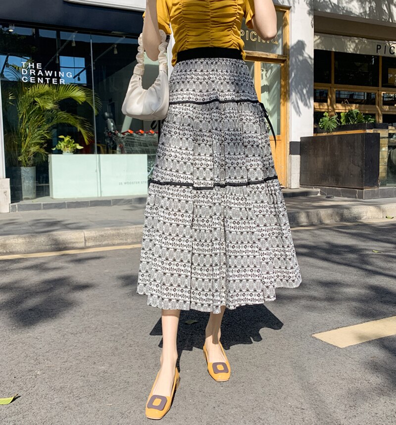 Faldas de estilo Retro para mujer, étnico, cintura alta elástica, Tencel, algodón, lino estampado, para vacaciones en la playa, verano,: Negro