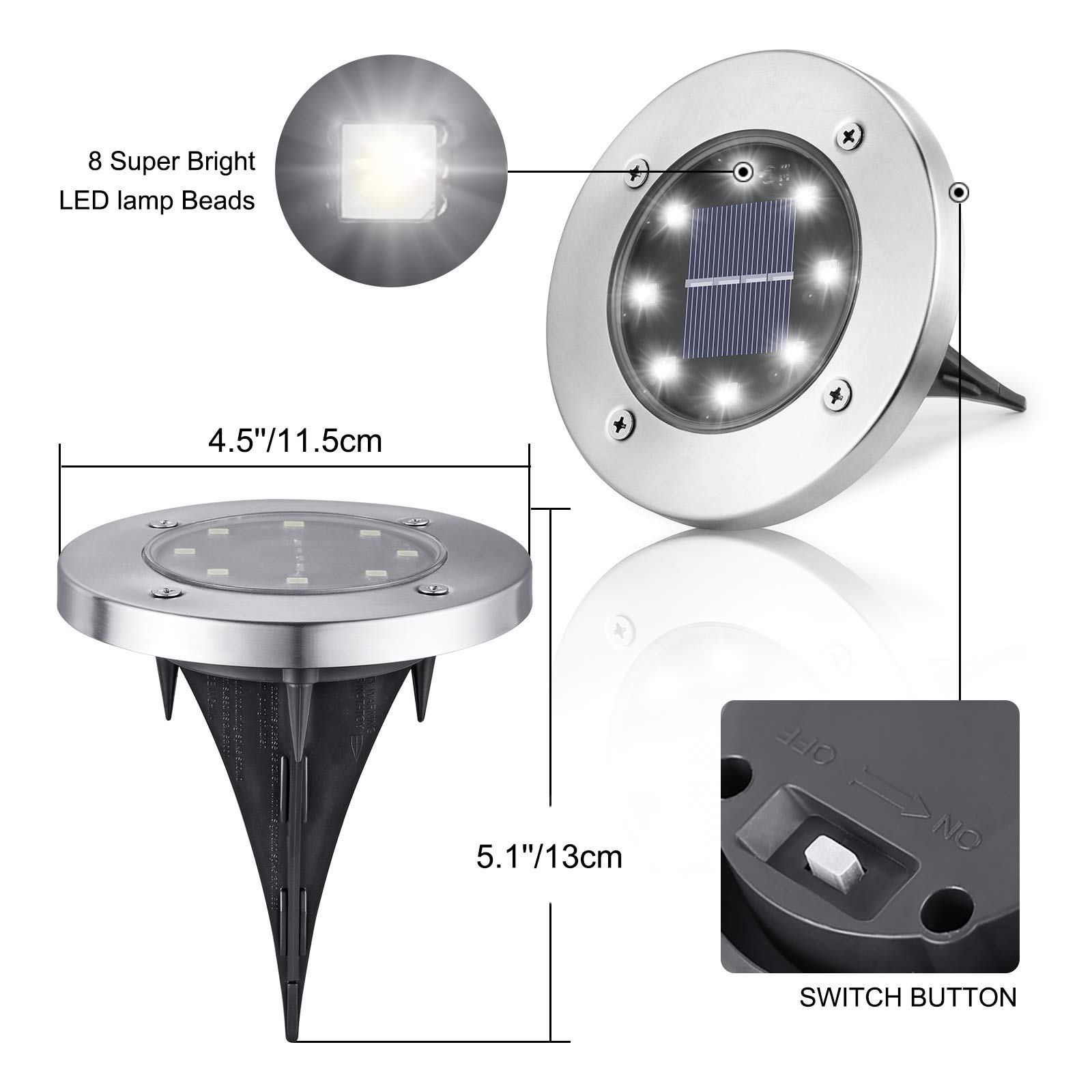 Solar Ground Lights Outdoor 8 LED Solar Disk Lights Waterproof Garden In-ground Pathway Landscape Lighting for Lawn Walkway
