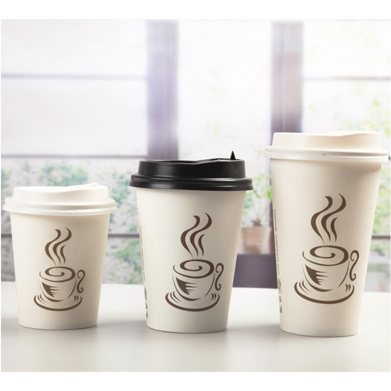 50pcs white disposable coffee cup takeaway package 8oz 12oz 16oz cold drink tea paper cup with lid