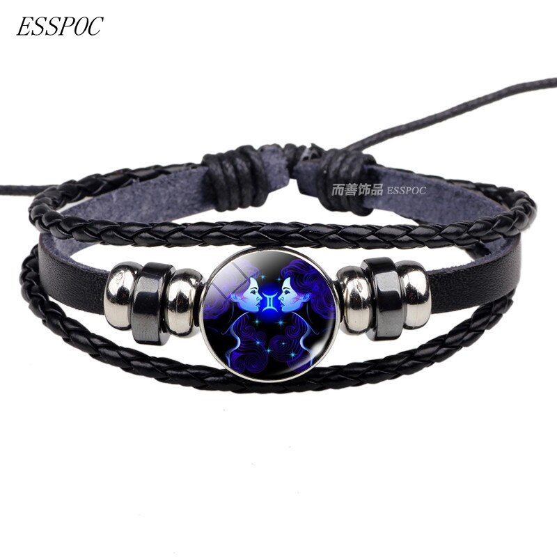 12 stjernebilleder sort reb flettet læder armbånd stjernetegn armbånd cancer leo jomfru libra scorpio til mænd kvinder: Tvilling