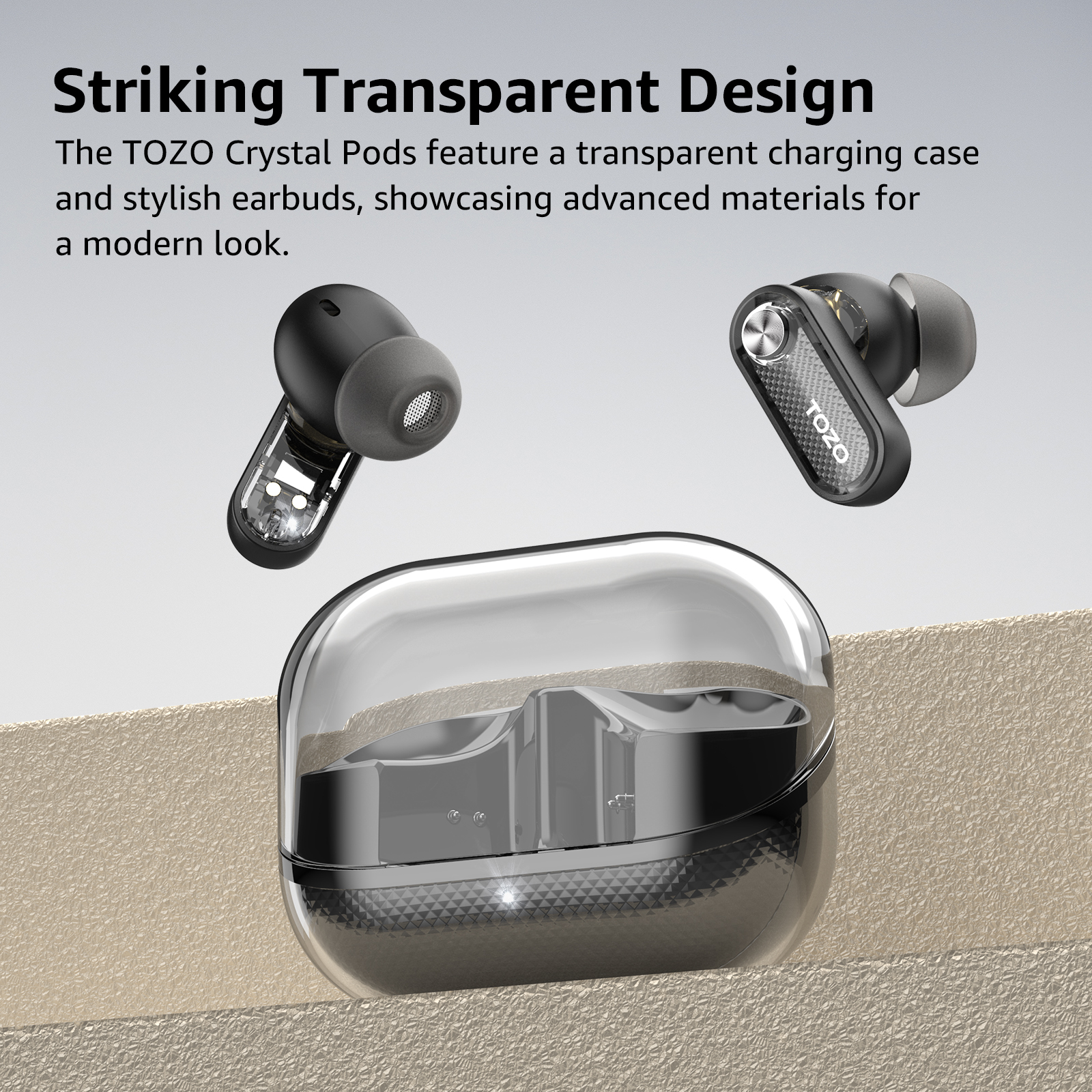 Tozo crystal pods trådlösa öronsnäckor med in-ear-funktion, bluetooth 5.4, dubbla mikrofoner, ai, tydliga samtal, transparent laddningsfodral