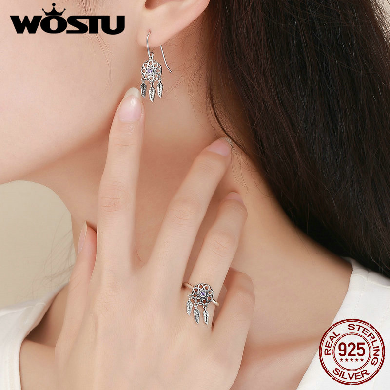 WOSTU 925 Sterling Silver Dreamcatcher Dream catcher Earrings for Women Brand Earring Bohemia Boho Jewelry CQE394