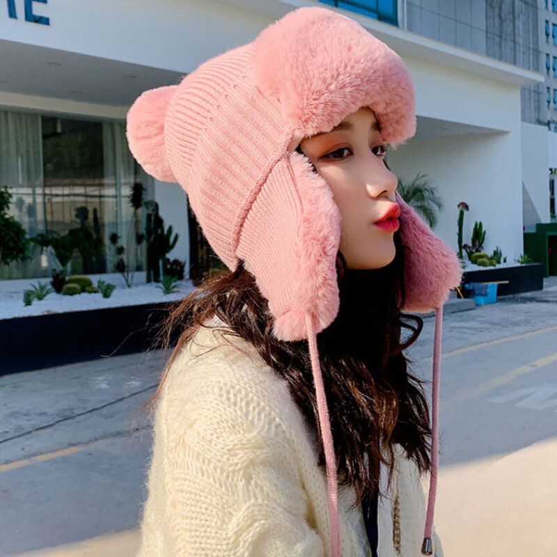 Ht2845 tjocka varma stickade mössor dam solid rysk päls mössa dam snö skidfångare öronlapp keps kvinnlig bomber hatt varm rysk keps