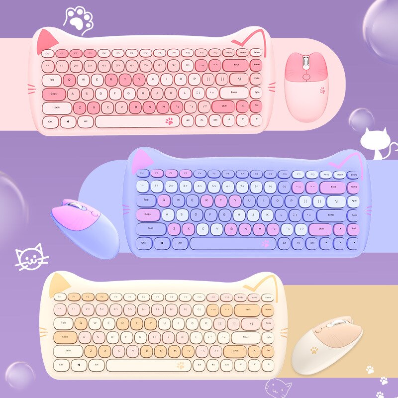 Cut Cat 2.4G Wireless Ergonomics Keyboard Set Mixed Candy Color Keycap Keyboard and Mouse Comb for Laptop Notebook PC Girls