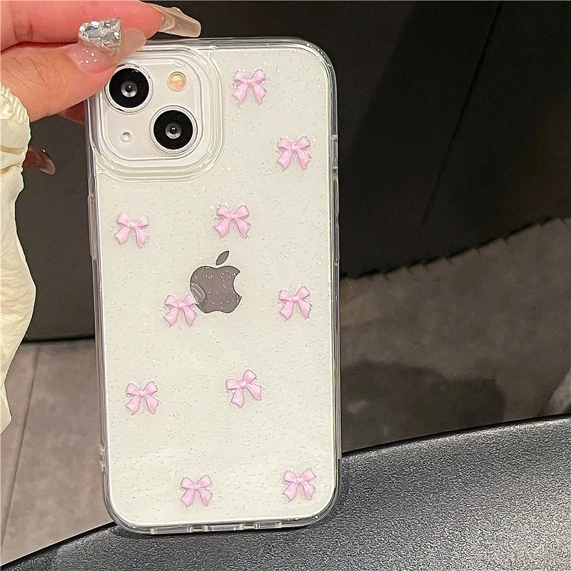 Funda de teléfono con lazo rosa para niña de Corea, funda transparente suave a prueba de golpes para iPhone 17 16 Pro Max 15 14 Plus 13 12 11 Pro 7 8 SE 2022