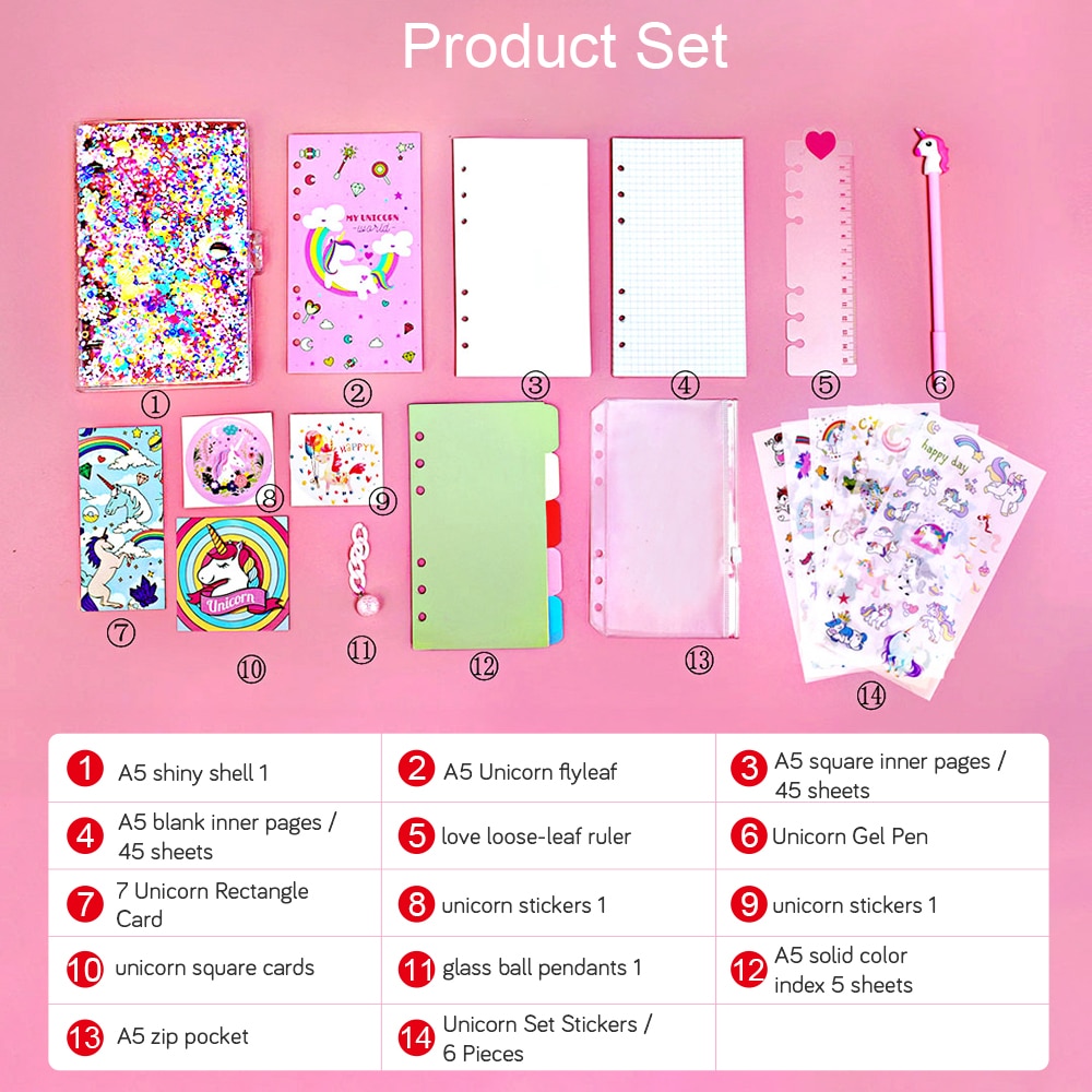A5 Size Girls Unicorn Diary Notebook Set Cute Journal Note Book with Unicornio Pen School Stationery Kids Birthday