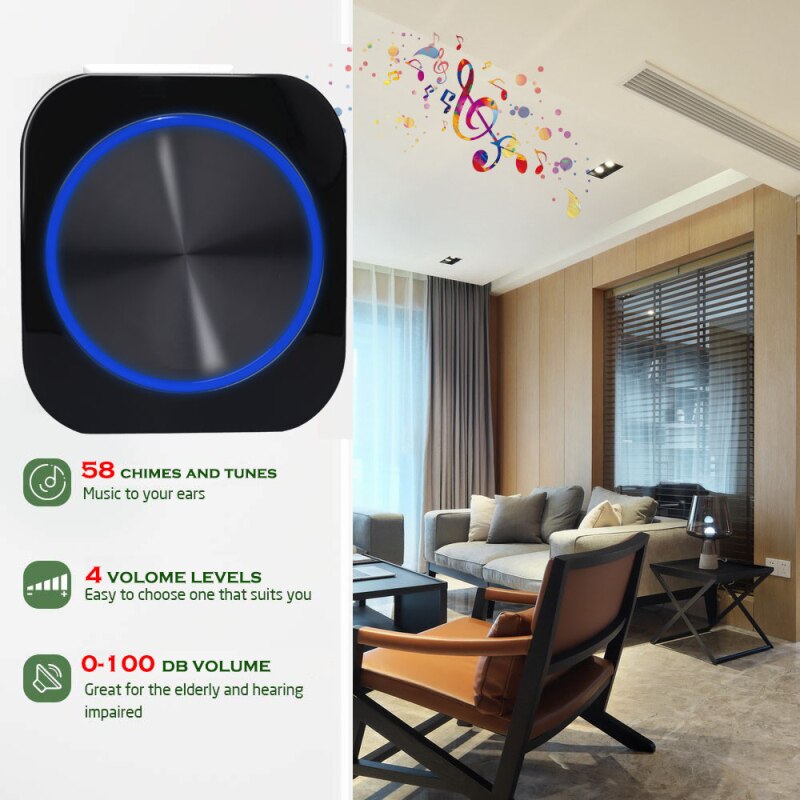 Campainha da porta auto alimentado à prova dcordless água sem fio campainha da porta carrilhão luz da noite nenhuma bateria plugue da ue botão de casa receptor