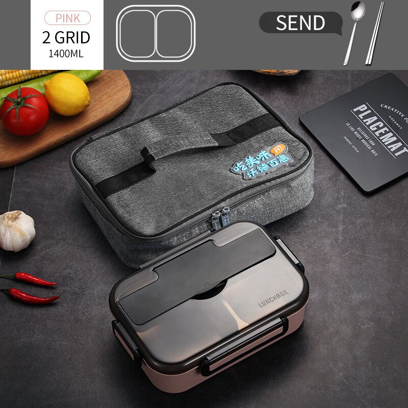 WORTHBUY fiambrera japonesa para niños con compartimentos, caja Bento de acero inoxidable 304 para niños, caja contenedora de alimentos con vajilla: 2 Grid Pink And Bag