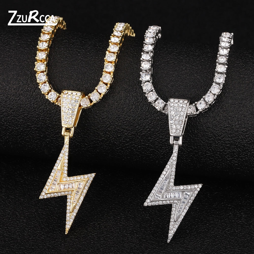 Hip Hop Lightning Pendant Necklace Gold Tennis Chain Iced Out Rhinestone Necklaces for Women Men collares de moda