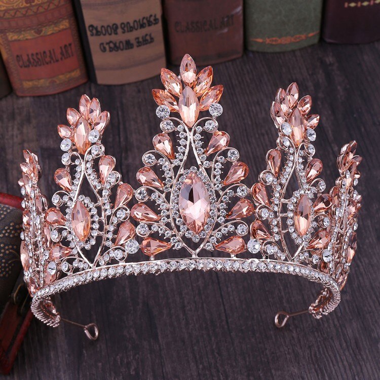 Barok luksus krystal stor brude tiaras krone rhinestone festtøj diadem pandebånd bryllup hår tilbehør tiara de noiva: Rosa guld lyserød
