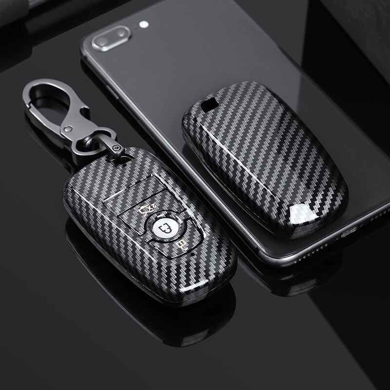 Carbon Fiber ABS Car Key Case For Ford Mustang EcoSport 3 4 Buttons Smart Remote Fobs Shell Cover Keys Bag Keychain Auto: 3 Button Gold