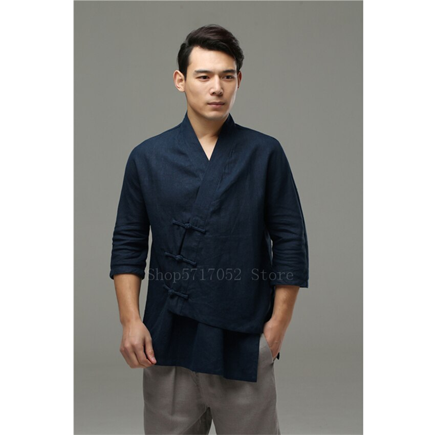 Tradizionale Cinese Camicia da Uomo retrò obliquo Fibbia di Cotone di Tela Magliette E Camicette casuale Etnico Tangsuit Irregolare dell'annata Maschio Camicia Cinese: marina militare / XL