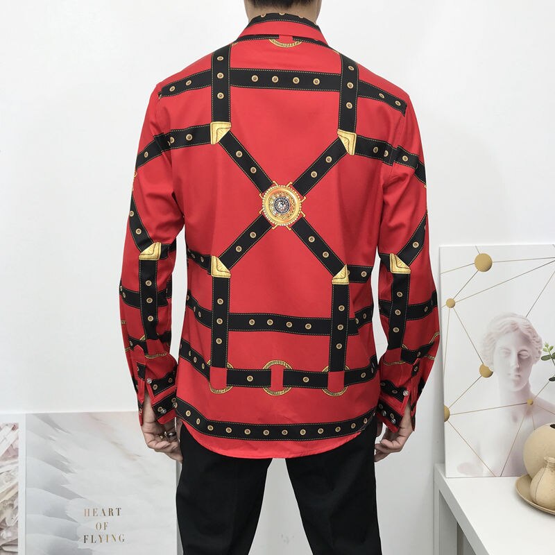 rot Shirt Männer gotisch 3d Barock Gürtel Kette Druck Party Prom Hemden Langarm schlank passen Geschmack Unten Verein bankett Hemd