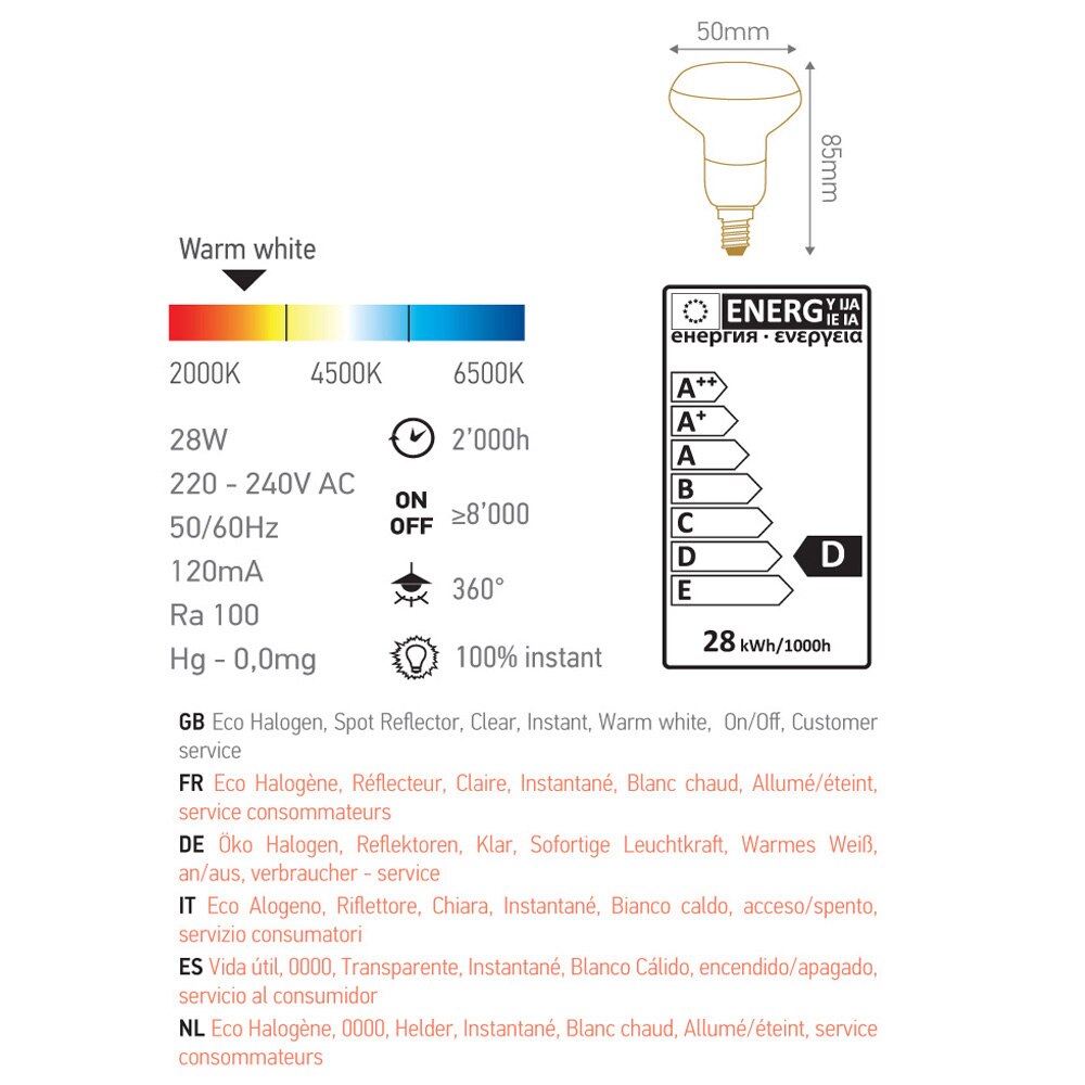 10pk 28w halogen  r50 reflektor energisparepære lille skruebeslag