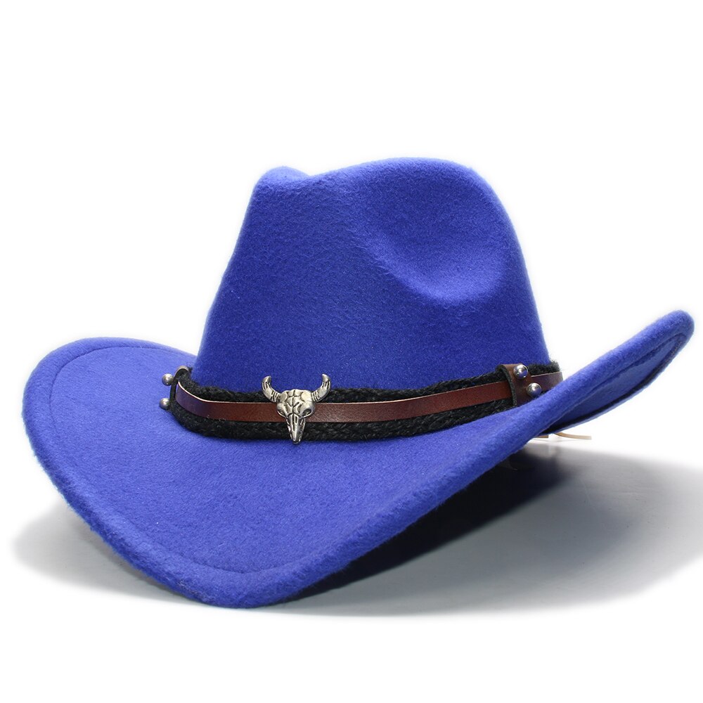 Large Plus 61cm Retro Women Men Wool Wide Brim Cowboy Western Cowgirl Hat Funeral Formal Fedora Cap Bull Head Oxhead Braid Band: Blue