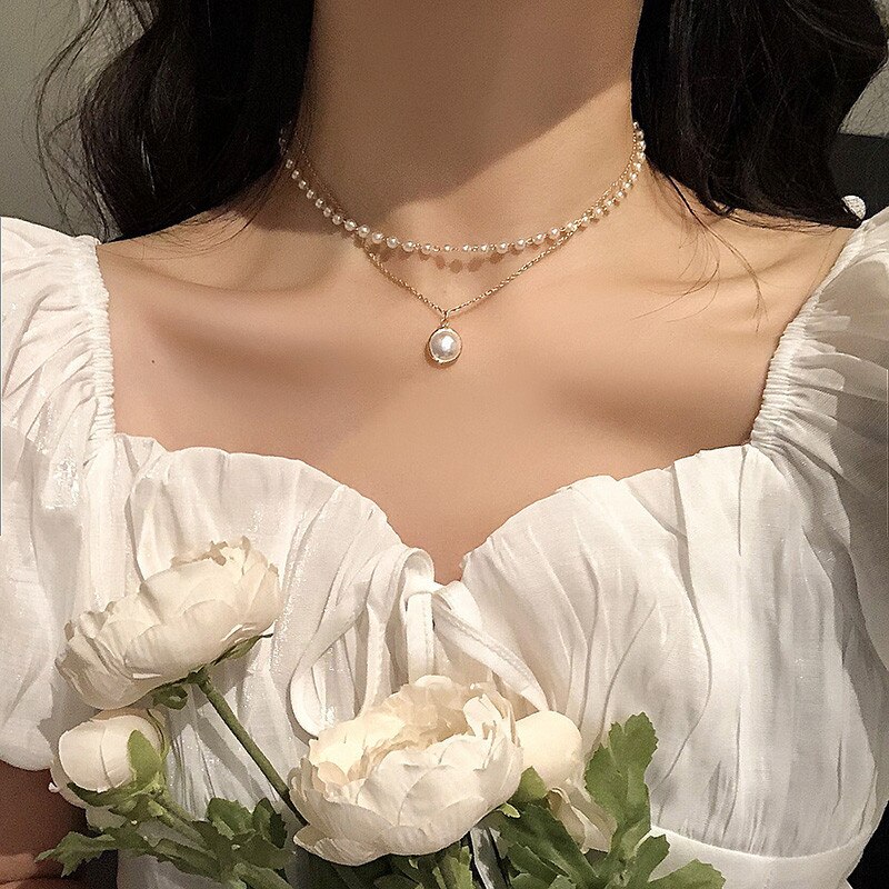 Vintage Round Pearl Necklace For Women Girls Retro Gold Bead Pendant Necklaces collier de perles Jewelry: CS5177502