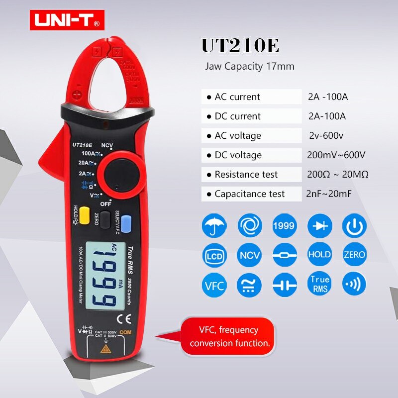 Uni-t  ut210e true rms mini digital clamp meters ac/dc current voltage auto range vfc capacitance non contact multimeter  ut210d/ a: Ut210e