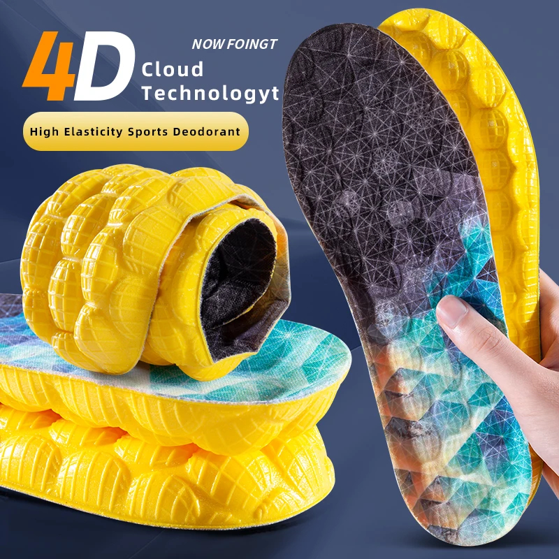 1Pair Yellow 4D Cloud Technologyt High Elasticity Sports Deodorant Insoles for Shoes PU Sole Breathe for Feet Men Running Insole