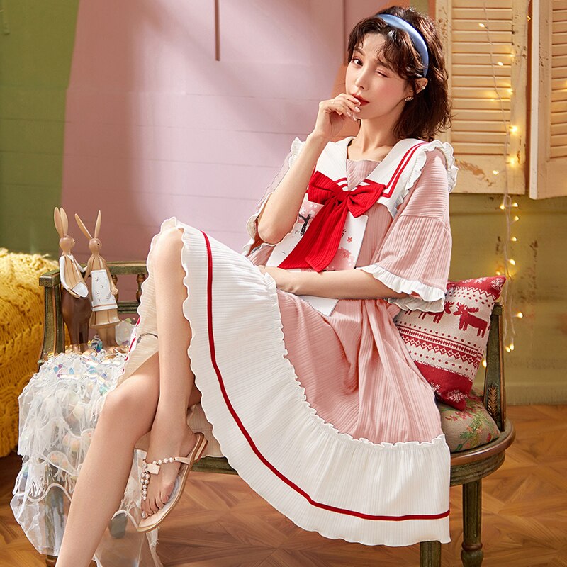 nouvelles Femmes Chemises de Nuit Chemise de Nuit En Coton Mignon Vêtements De Nuit Douce Princesse Manches Courtes Vêtements De Nuit De Salon D'été Lâche Homewear