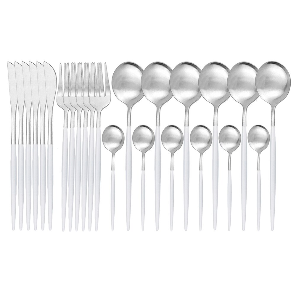 Couverts en acier inoxydable 304, 24 pièces, blanc et or mat, service de table, vaisselle, vaisselle, coutellerie, couteau, fourchette, cuillère, argenterie: 24pcs White Silver