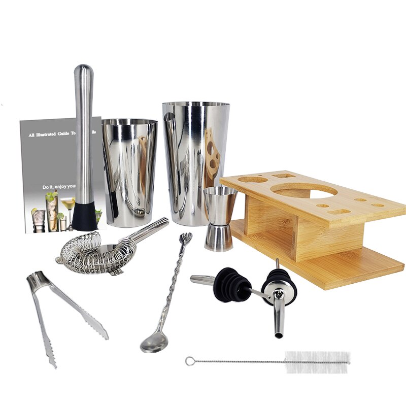 9 Bar Set, Stainless Steel Cocktail Shaker Bar Tools with Stylish Wood Stand