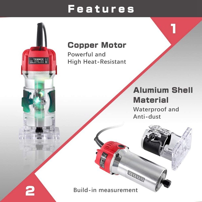 TOP 800W Handheld Router Woodworking,Portable Electric Hand Wood Trimmer Slotting Cutting Trimming Machine 30000Rpm US Plug