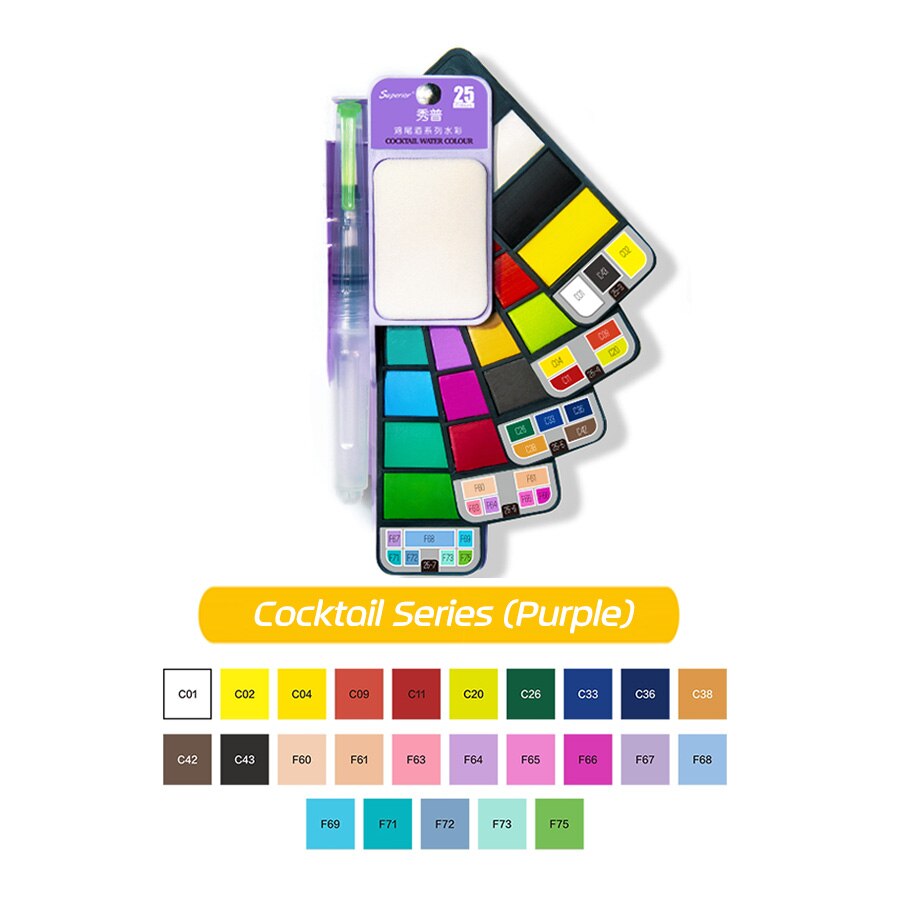 Overlegen 18/25/33/42 farver solid akvarelsæt med gratis vandfarve penselpigment til tegning af kunstartikler: 25 farver (lilla)