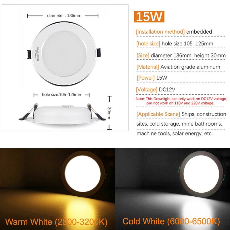 Lage Spanning Downlighters Verzonken Led Licht 6W 9W 12W Led Spot Light Led Decoratie Plafond Lamp Dc 12V Led Downlinght: DC12V 15W / Warm white