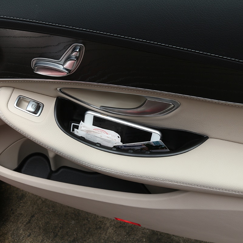 Black Car Door Handle Storage Box Tray with Mat Acessories For Mercedes Benz C-Class W205 GLC Class X253 LHD