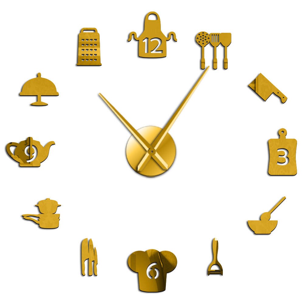 Küche Kochen Werkzeuge DIY Riesen Wanduhr Rahmenlose Große Uhren Große Küche Zauberstab Aufkleber Horologe Dekorative Für Zu Hause: Gold / 37Zoll