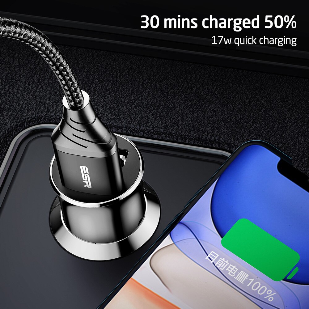 Esr dubbele usb autolader 17w snel opladen autolader autolader voor iphone samsung 5v/3.4a usb autolader telefoonlader