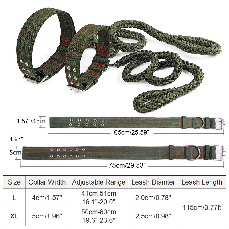 Laisse pour chien en Nylon épais, Super solide, vert armée, Double rangée, collier réglable pour chien, Pitbull, moyen et grand, L/XL