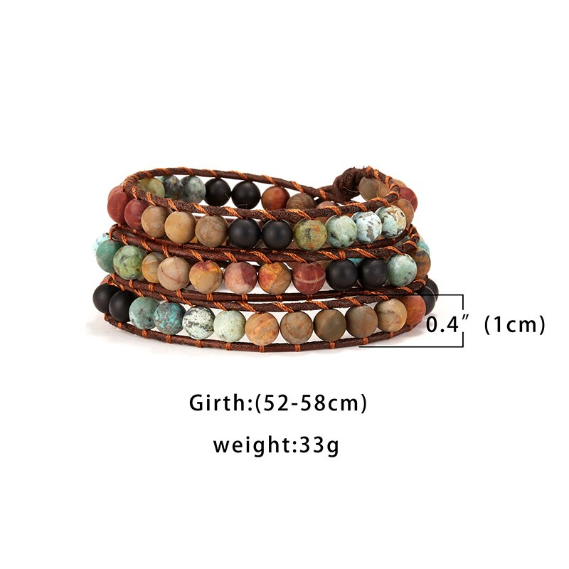 Pulsera de envoltura de cuerda de 3 capas para mujer piedra mate bohemio hecho a mano multicapa Mala cuentas de cuero joyería mujer: BR18Y0558