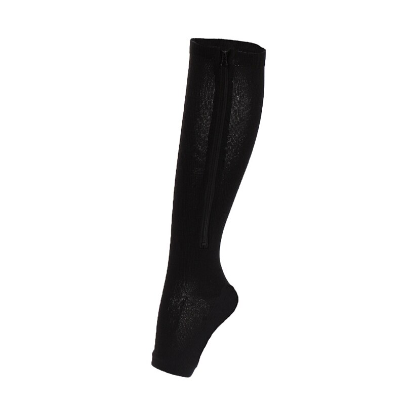 Unisex kompressionsstrumpor elastiska dragkedja ben stöder öppen tå knä strumpor vadben varicosity stöd elastiska strumpor  zl07: B / L eller xl