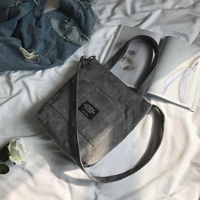 Kvinder corduroy skuldertasker stribet klud stof håndtasker afslappet lynlås tote lærred crossbody taske sød indkøbstaske til damer: Grå