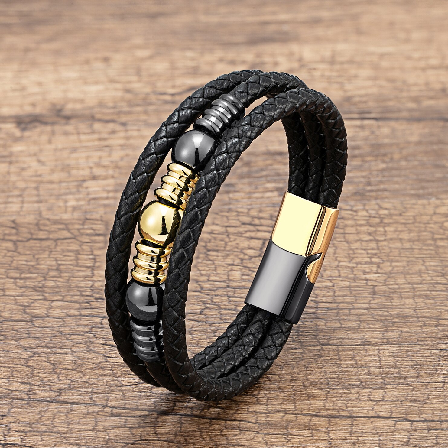 Hot Trend ręcznie tkane bransoletki ze skóry mężczyzn klasyczny Design koralik ze stali nierdzewnej bransoletka dla mężczyzn biżuteria prezent: Gold-Black Metal / 19cm