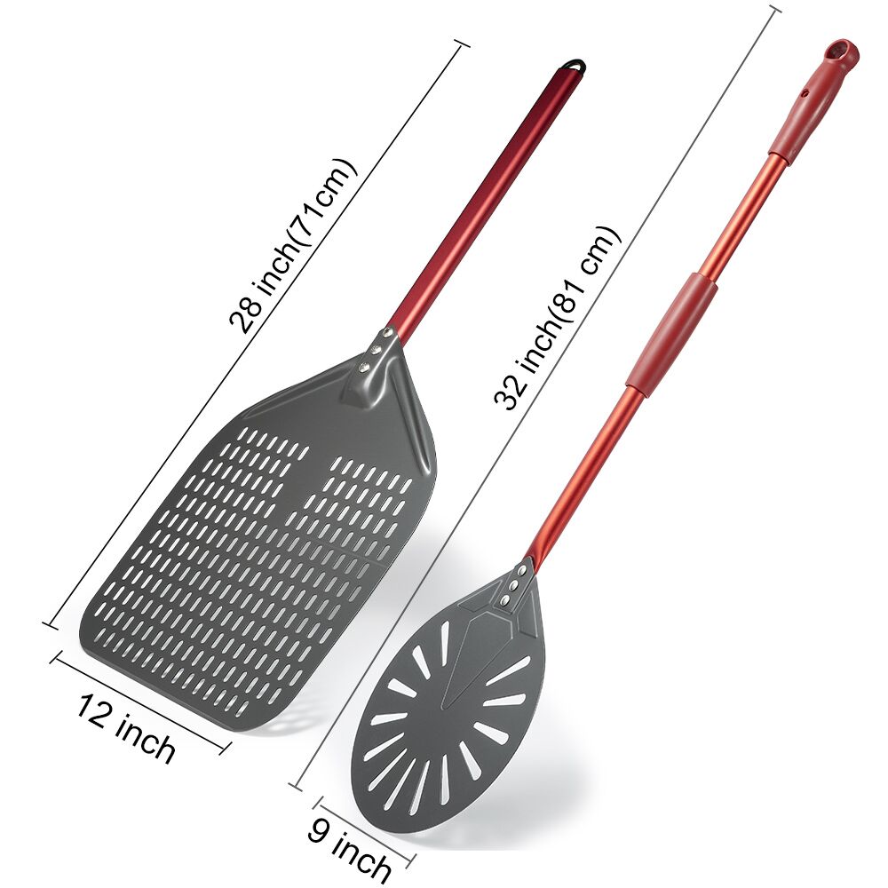 SHANGPEIXUAN 12" Hard Anodized Pizza Peel with Pizza Turning Shovel Set Perforated Rectangle Aluminum Pizza Peel Silicone Handle: Red