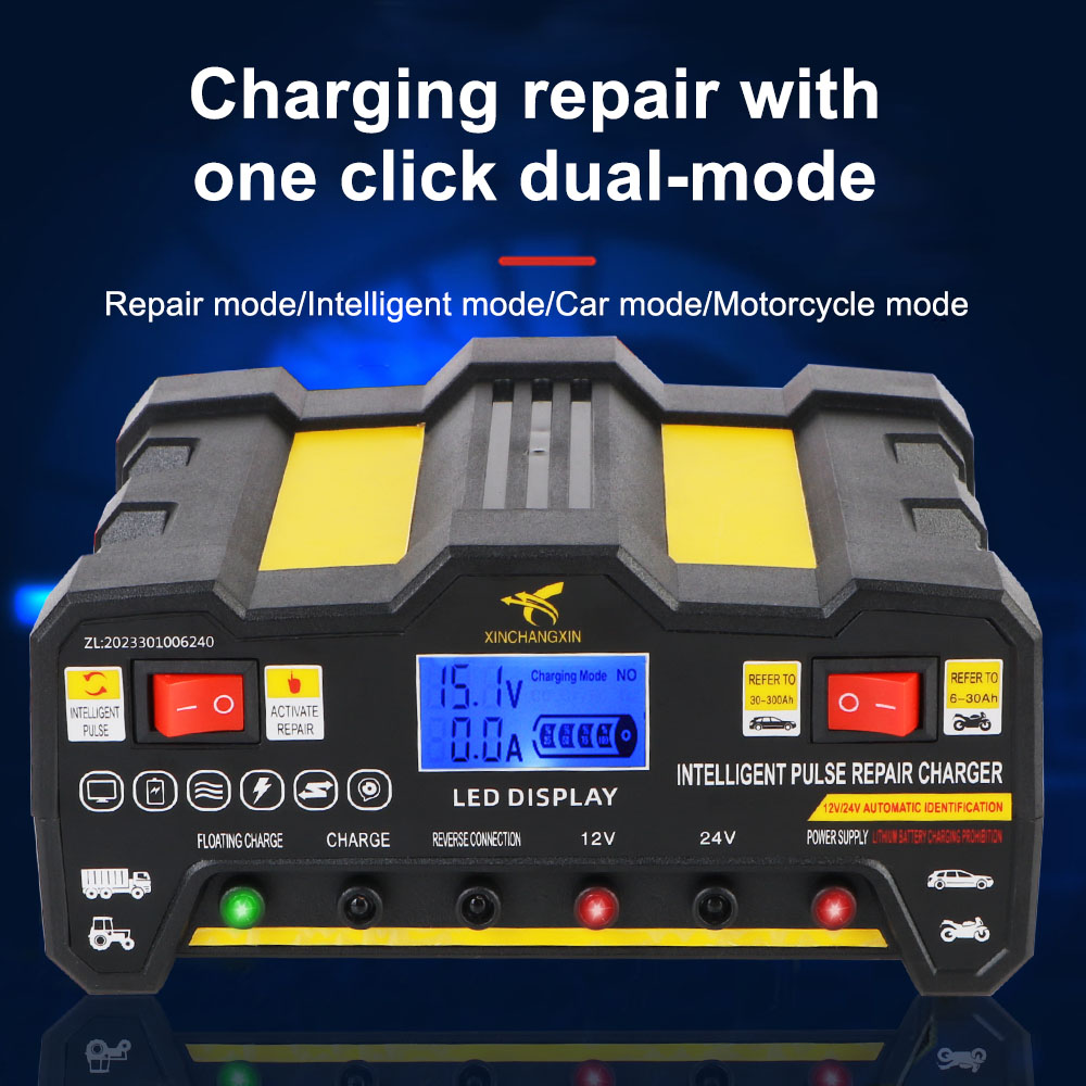 600W Auto-acculaders 12V 12A / 24V 9A Uitgang Snel opladen Intelligente automatische pulsreparatie Batterijlader US EU-stekker