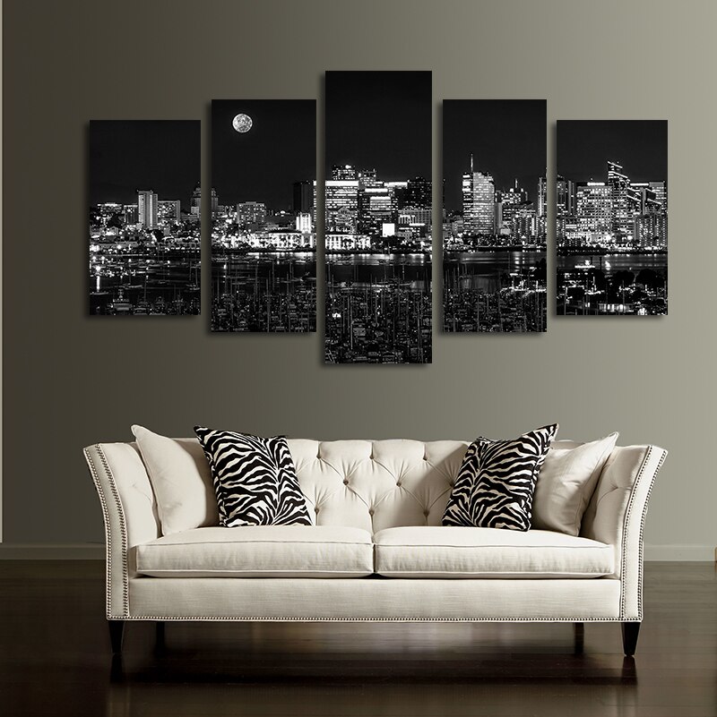 Quadros decoração moderna poster 5 peças, preto e branco, cidade noturna, pintura em tela, imagens de arte para parede, sala de estar