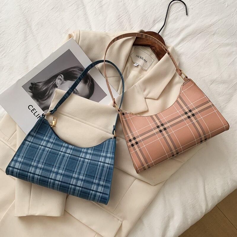 Baguette Shape Women Handbag Female Plaid Striped Shoulder Bag Luxury Underarm Bag Clutch Phone Bags Daily Tote