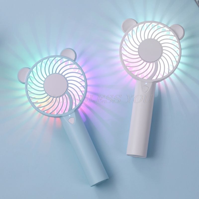 Cute Bear Cartoon Handheld USB Rechargeable Fan With LED Light Cooler Portable 3 Speed Adjustable Desktop Cooling Fan